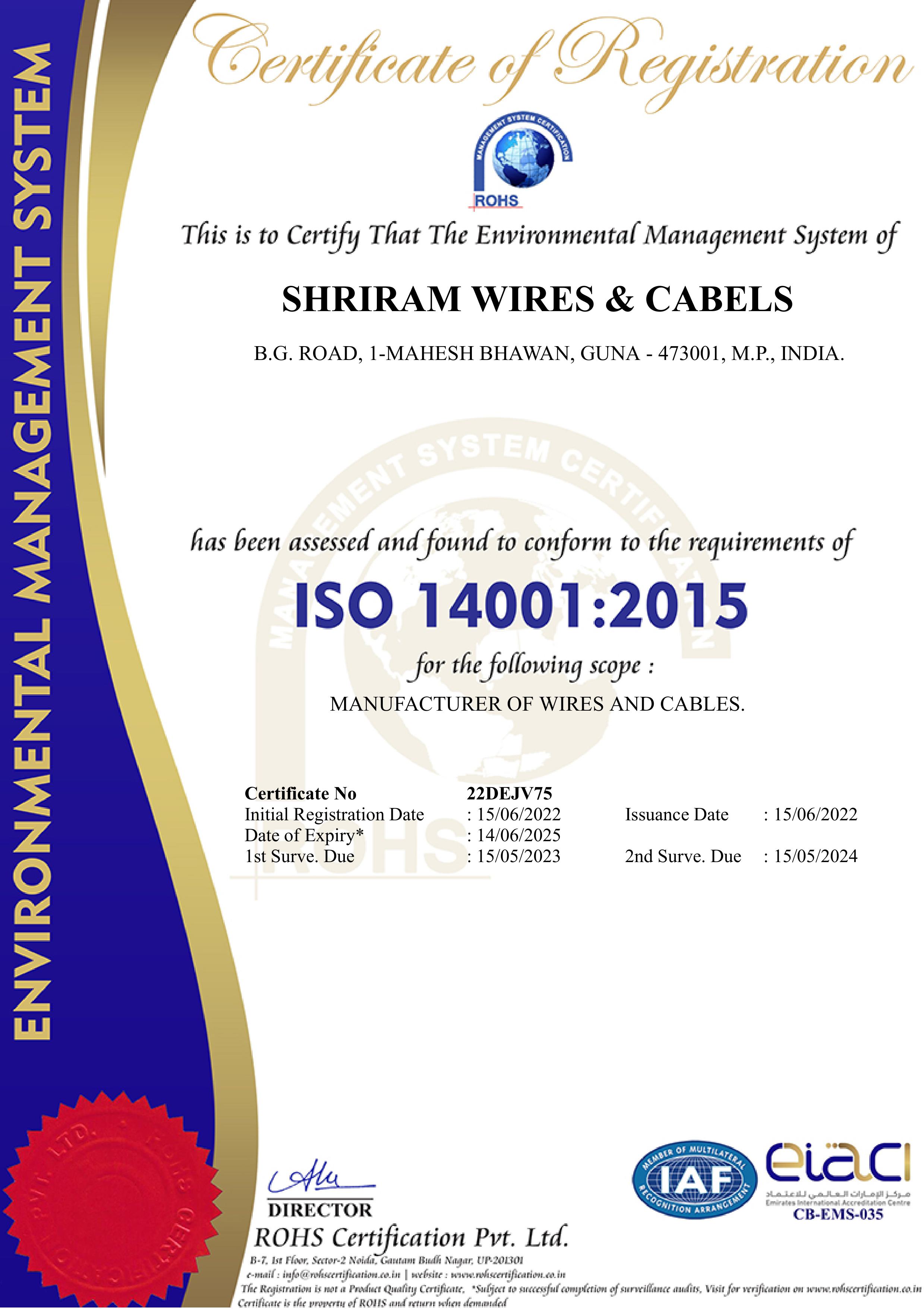 SR Kabels ISO 14001 Certificate